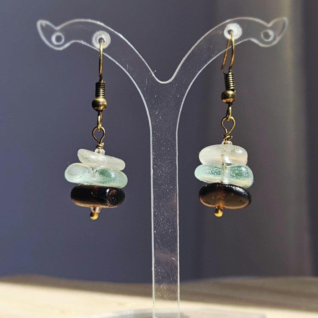 Sea Glass Earrings | White, Aqua and Dark Brown Beach Glass