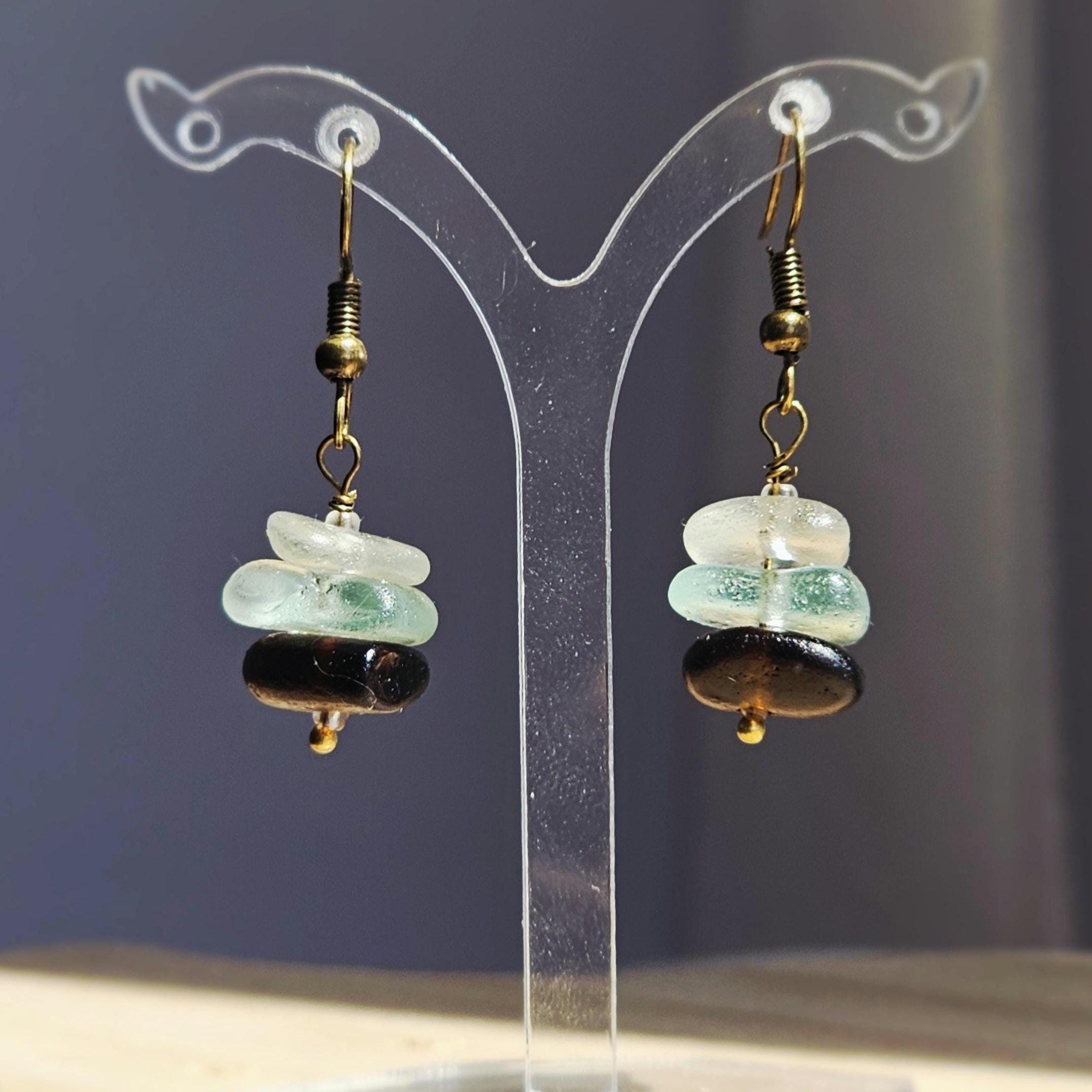 Sea Glass Earrings | White, Aqua and Dark Brown Beach Glass