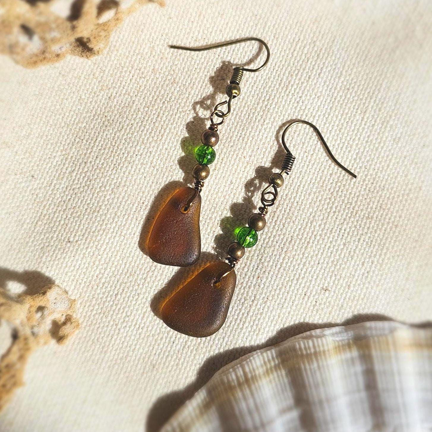 Handmade Amber Sea Glass Dangle Earrings