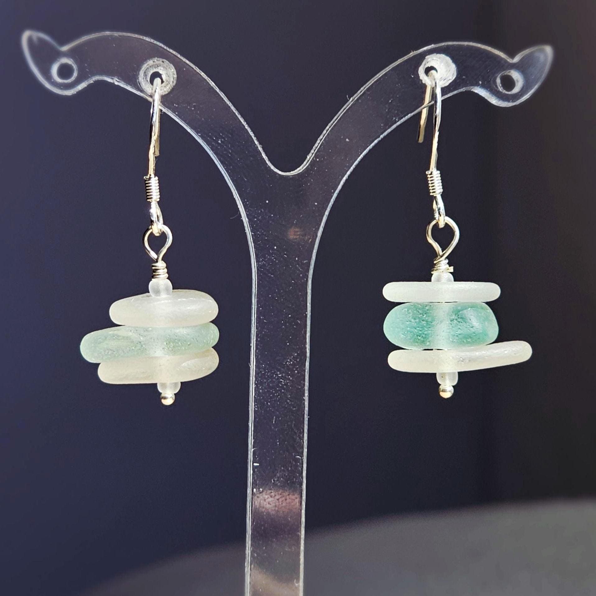 Sterling Silver Aqua Seafoam & Clear Sea Glass Earrings