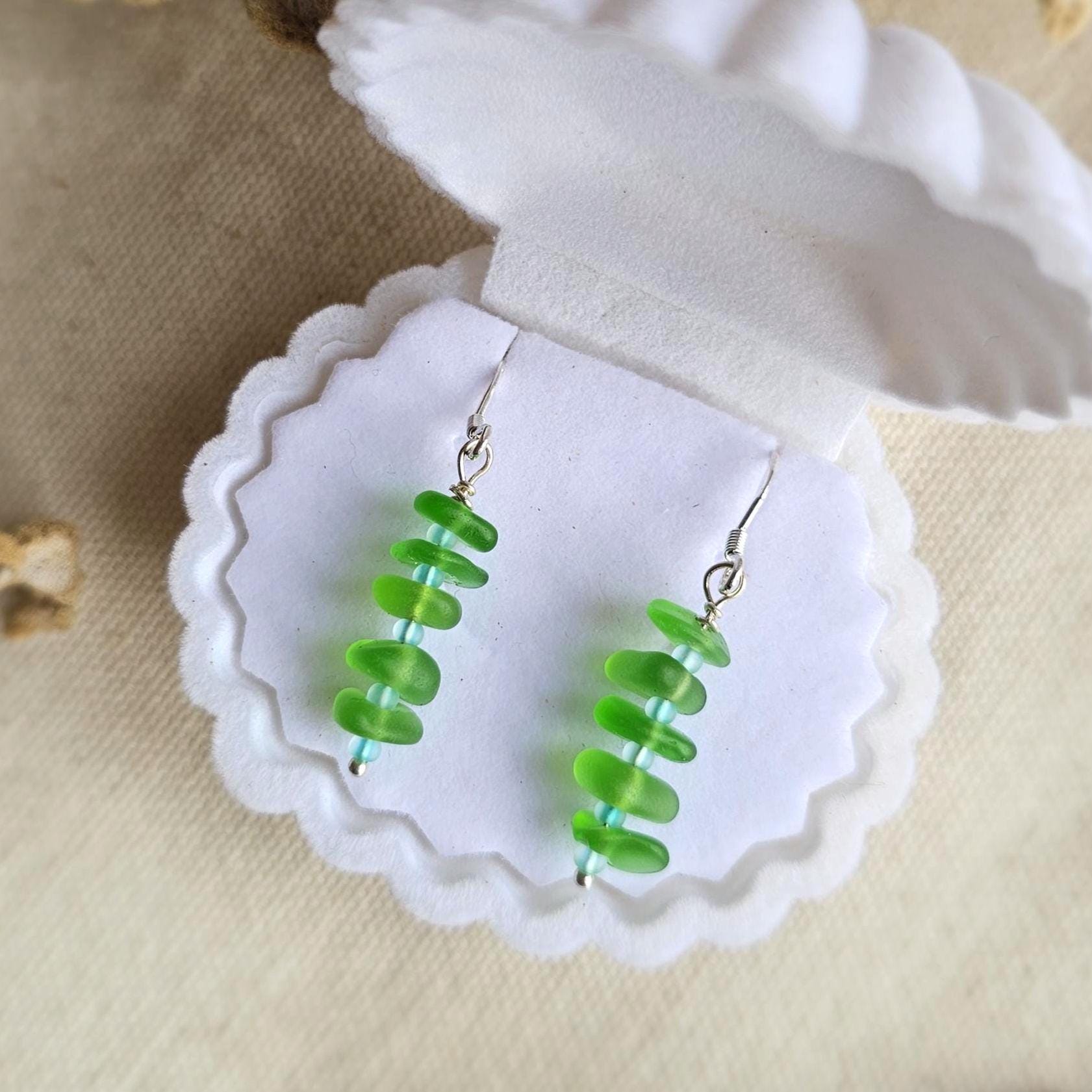 Sterling Silver Vibrant Green Sea Glass Earrings