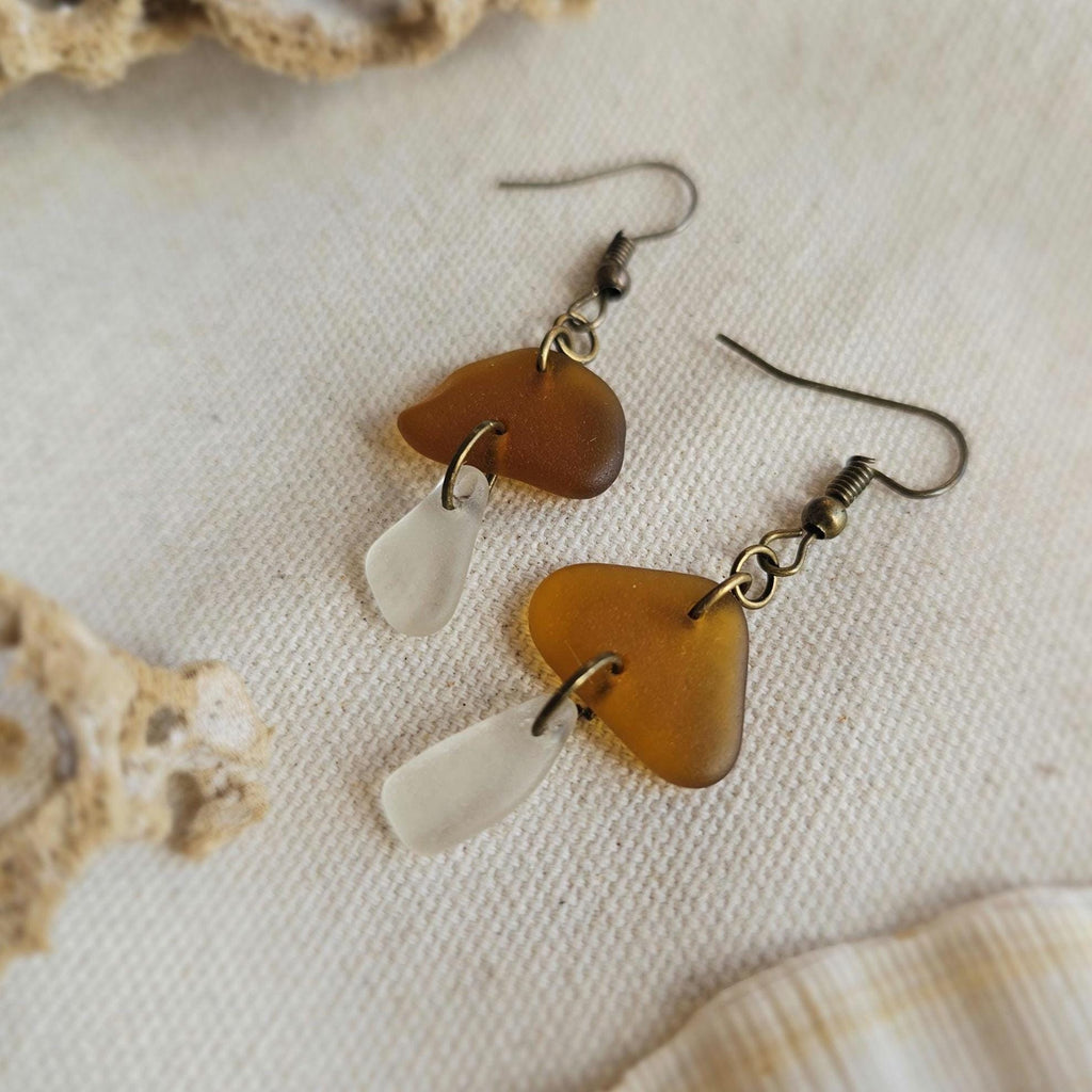 Amber & Clear Sea Glass Mushroom Earrings