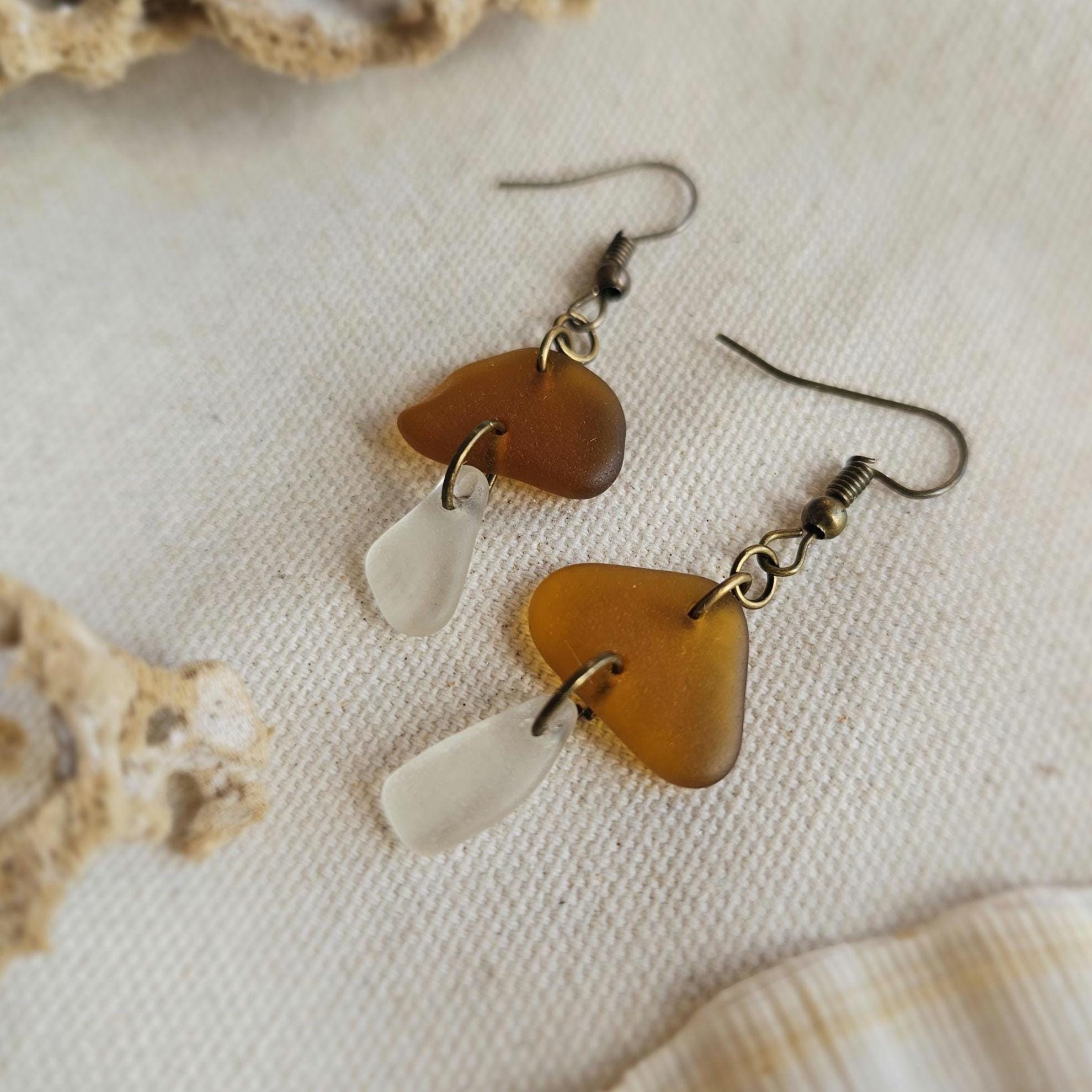 Amber & Clear Sea Glass Mushroom Earrings