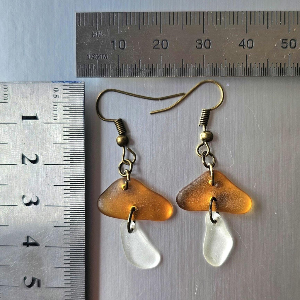 Amber & Clear Sea Glass Mushroom Earrings