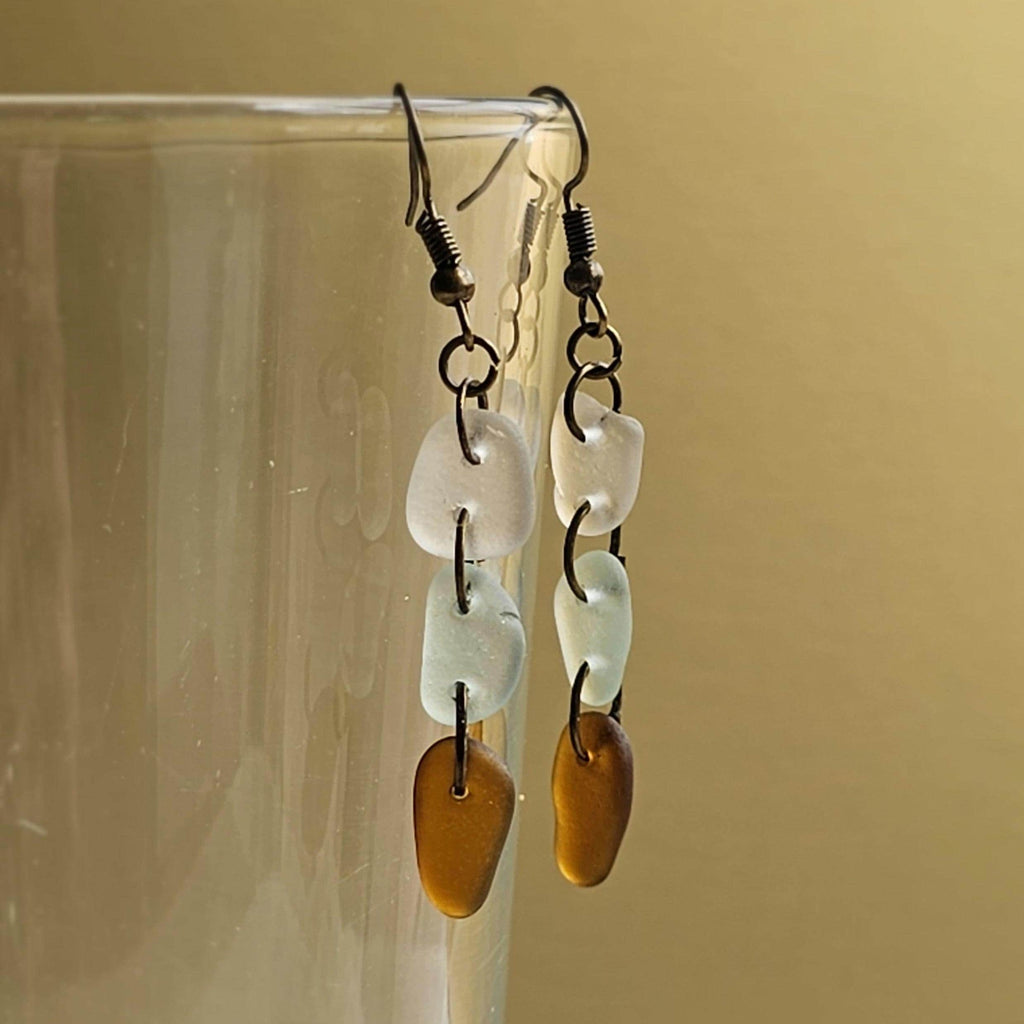 Handmade Sea Glass Dangle Earrings | Aqua, Clear & Amber Brown Beach Glass