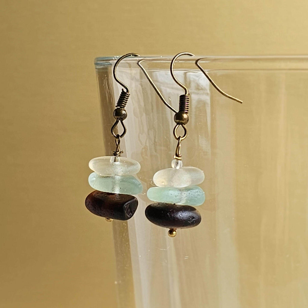 Sea Glass Earrings | White, Aqua and Dark Brown Beach Glass