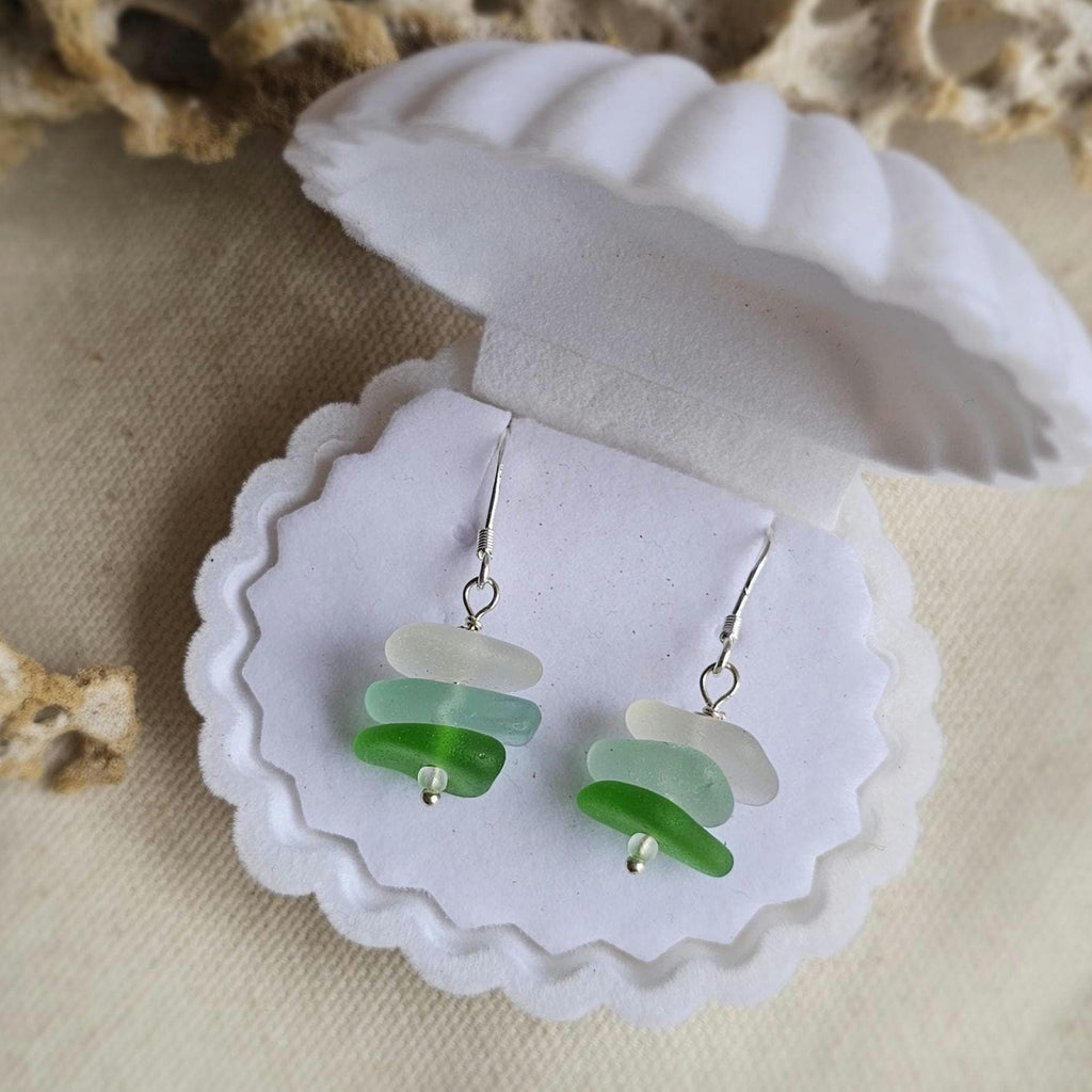Sterling Silver Sea Glass Earrings | Green, Aqua & White Beach Glass