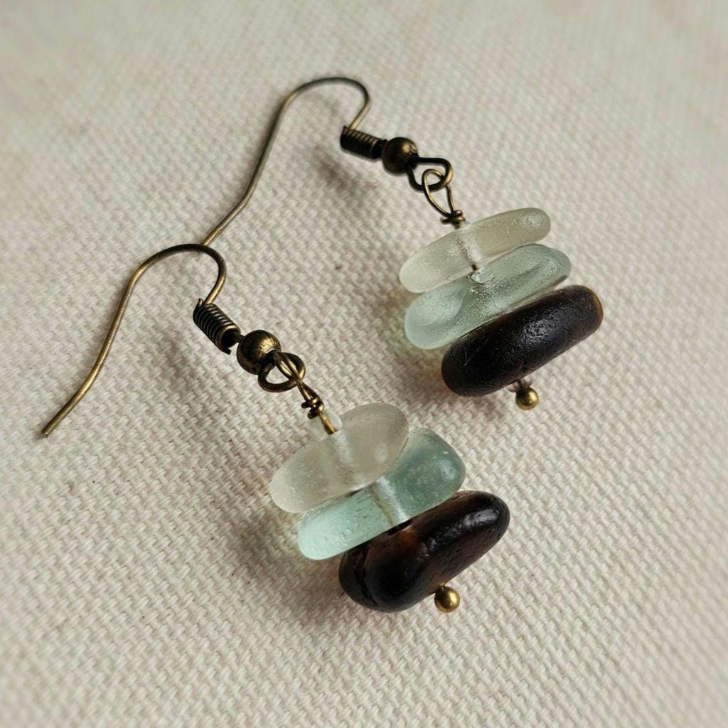 Sea Glass Earrings | White, Aqua and Dark Brown Beach Glass