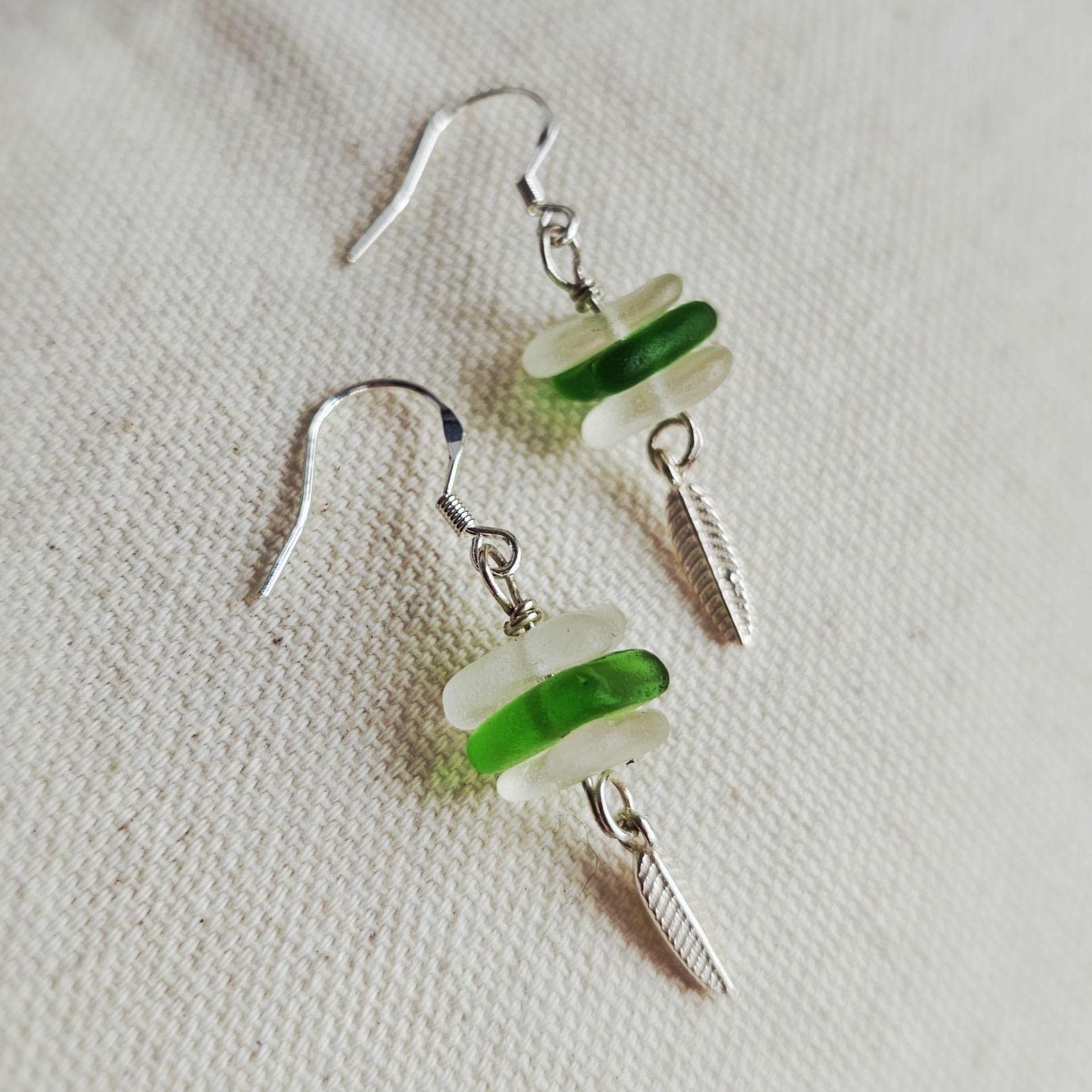 Sterling Silver Handmade Green & White Sea Glass Earrings