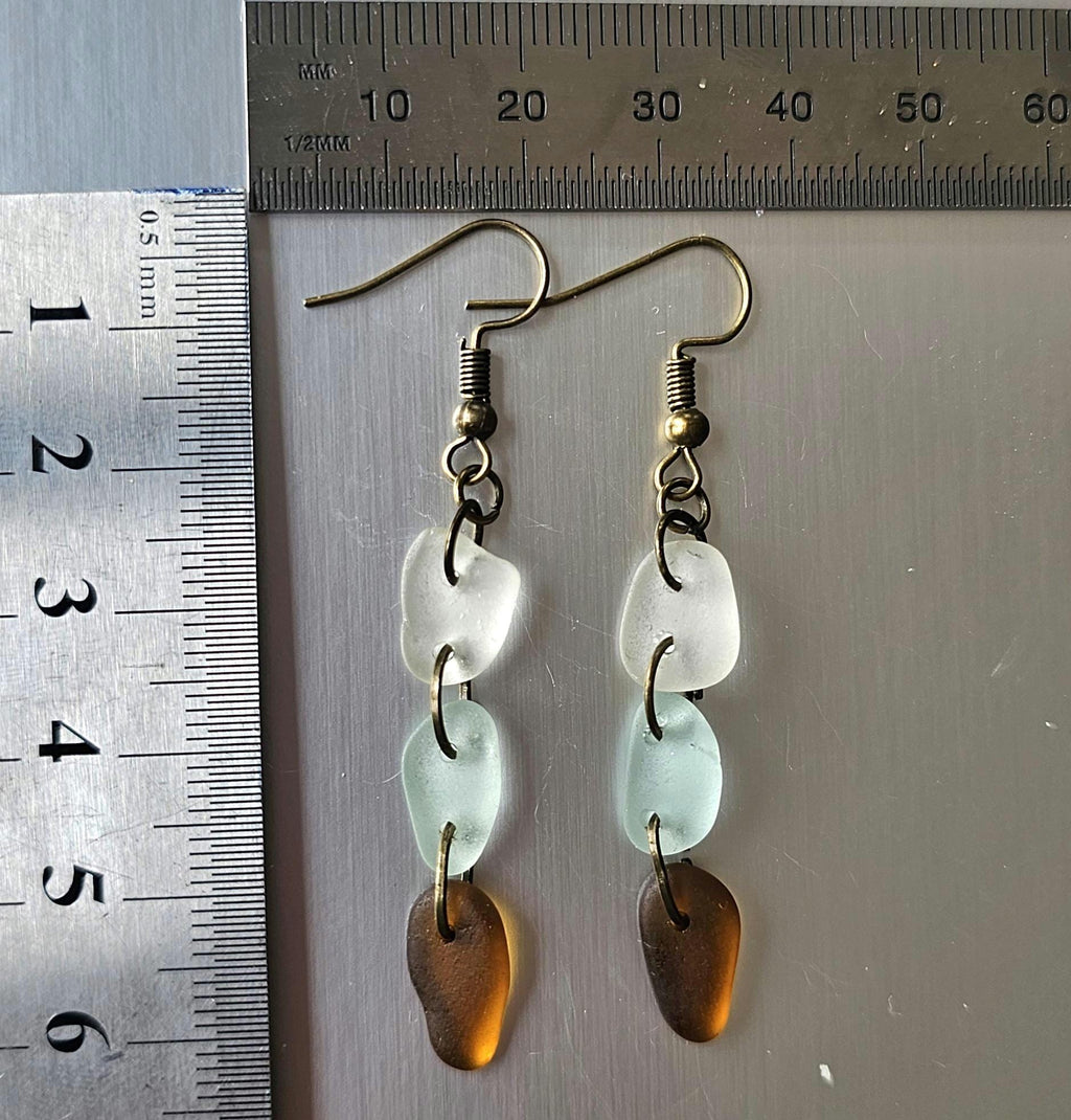 Handmade Sea Glass Dangle Earrings | Aqua, Clear & Amber Brown Beach Glass
