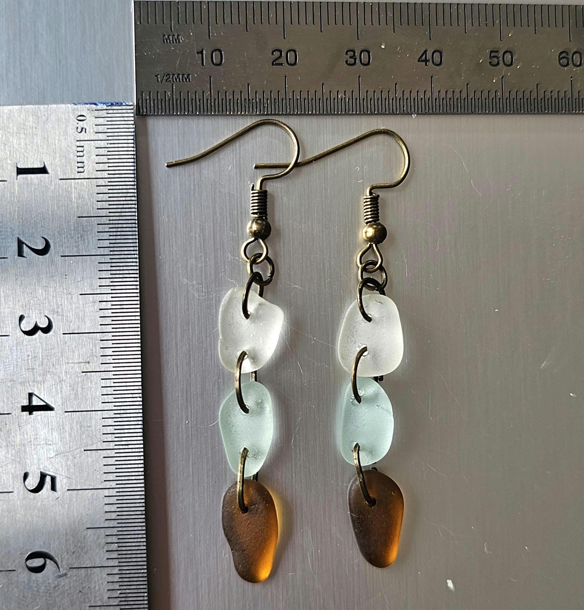 Handmade Sea Glass Dangle Earrings | Aqua, Clear & Amber Brown Beach Glass