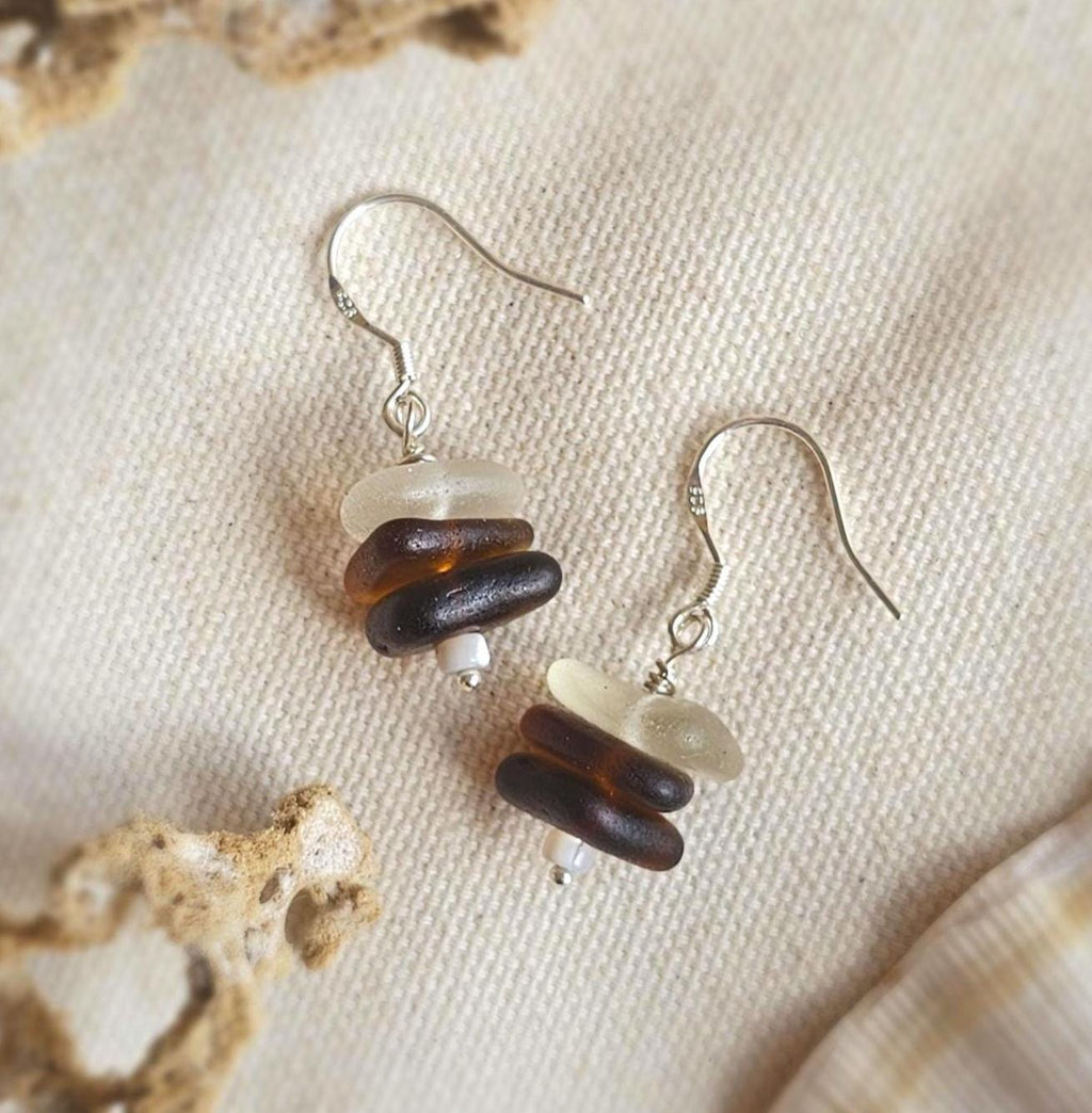 Sterling Silver Amber Ombre Sea Glass Drop Earrings