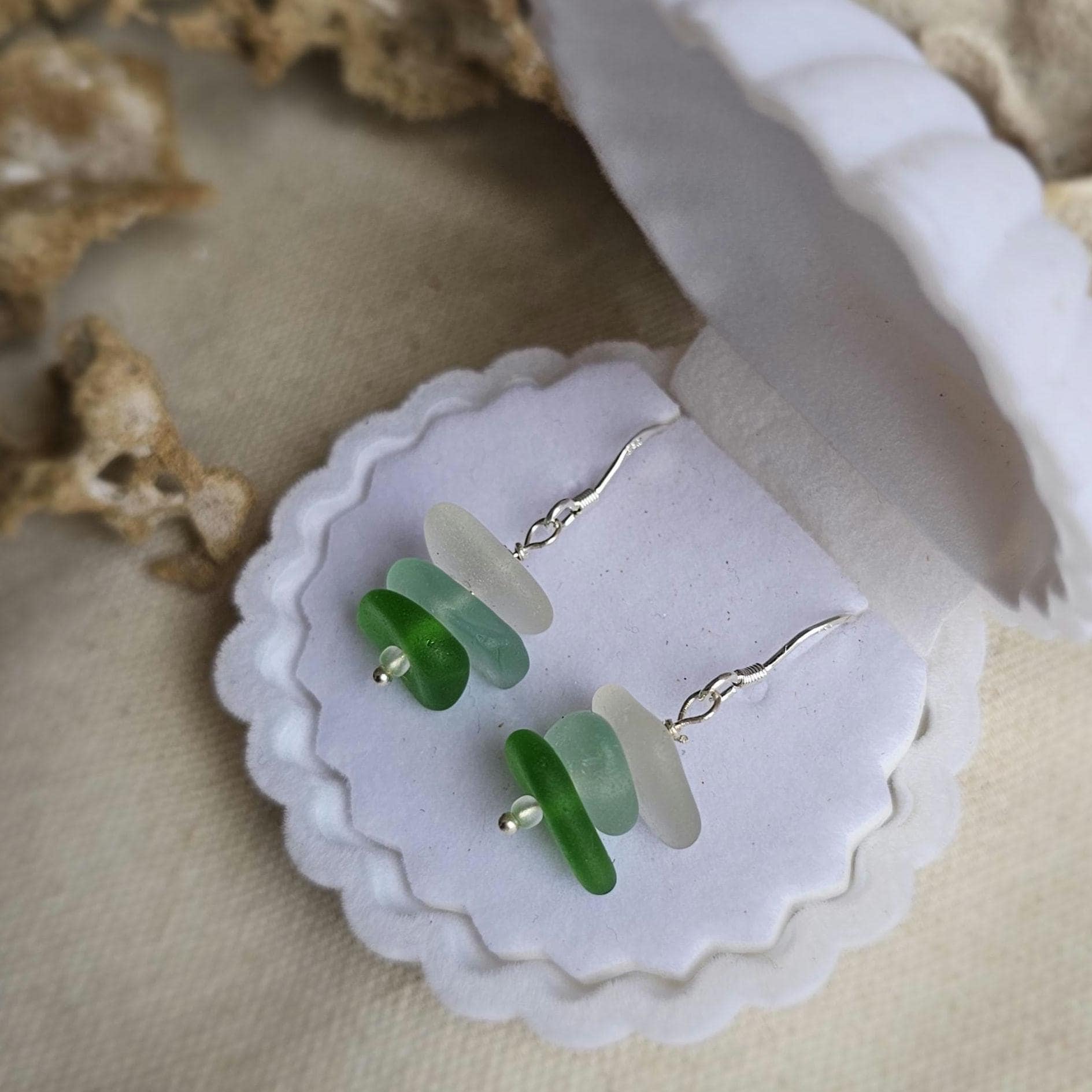 Sterling Silver Sea Glass Earrings | Green, Aqua & White Beach Glass