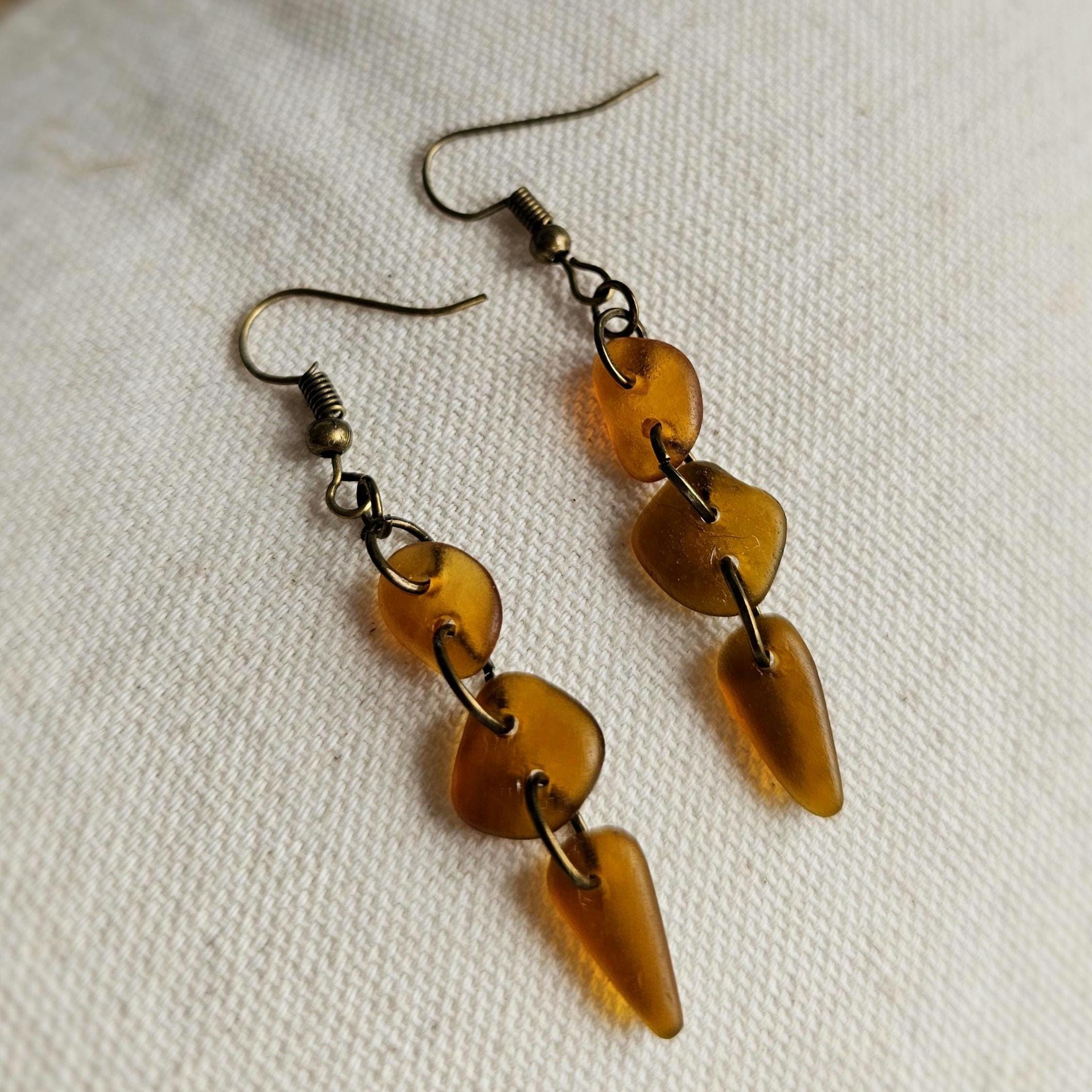 Handmade Amber Sea Glass Earrings – Genuine Beach Glass